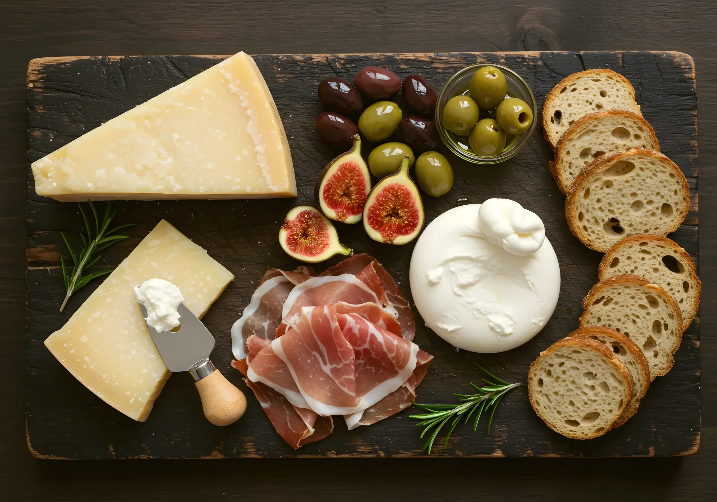 Grazing board with 24-month parmigiano, prosciutto, burrata, olives and figs