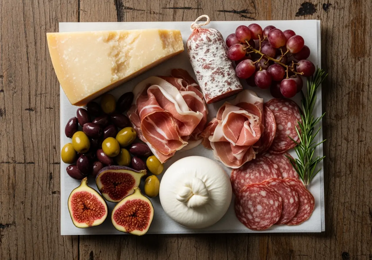 Grazing platter with parmigiano, burrata, prosciutto, salami, grapes, olives and figs