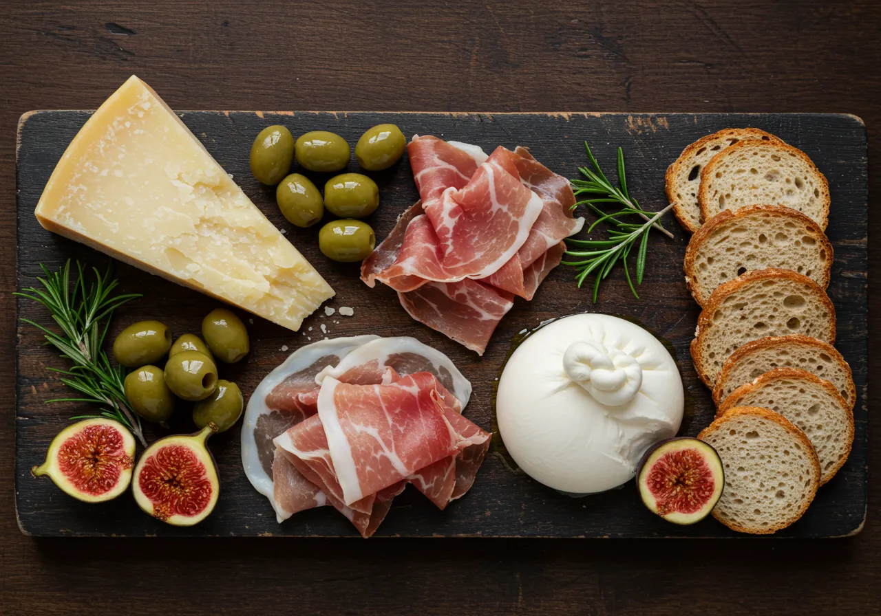Premium grazing board with parmigiano, burrata, prosciutto, olives and figs