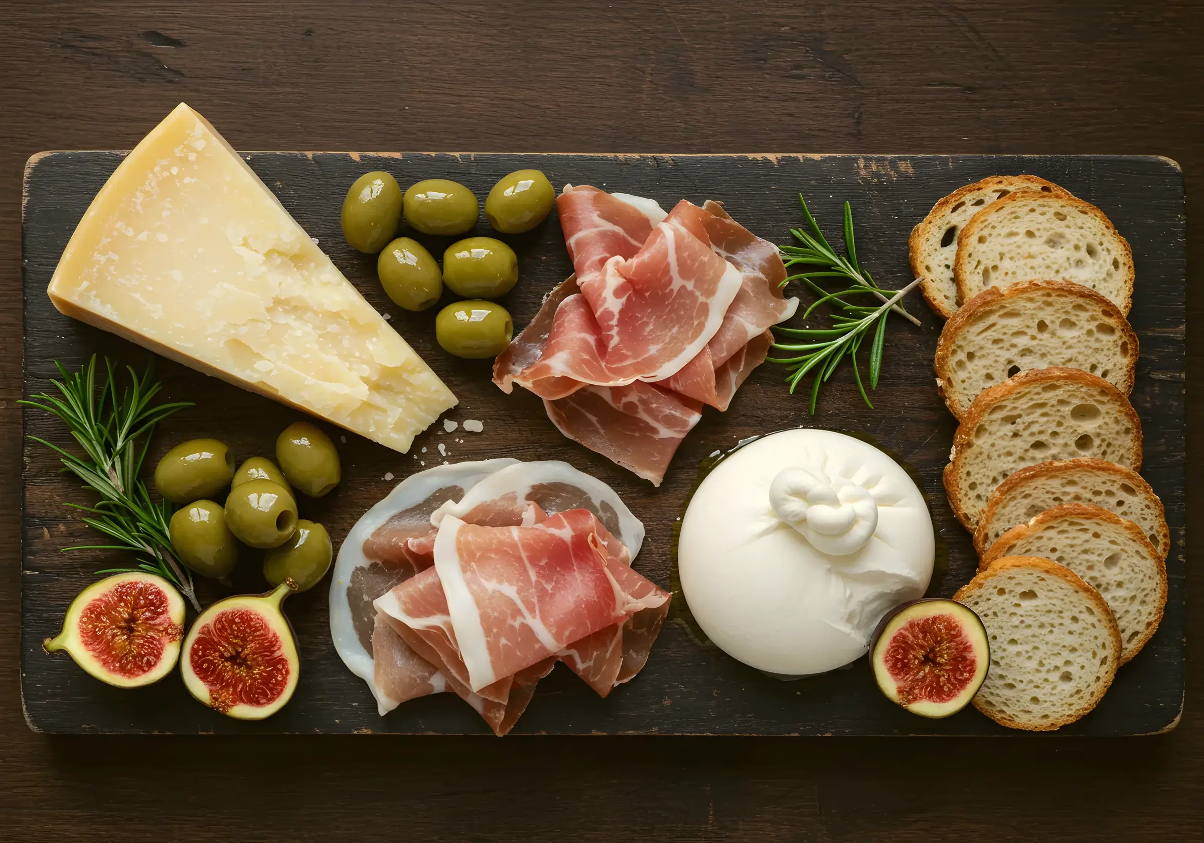Premium grazing board with parmigiano, burrata, prosciutto, olives and figs