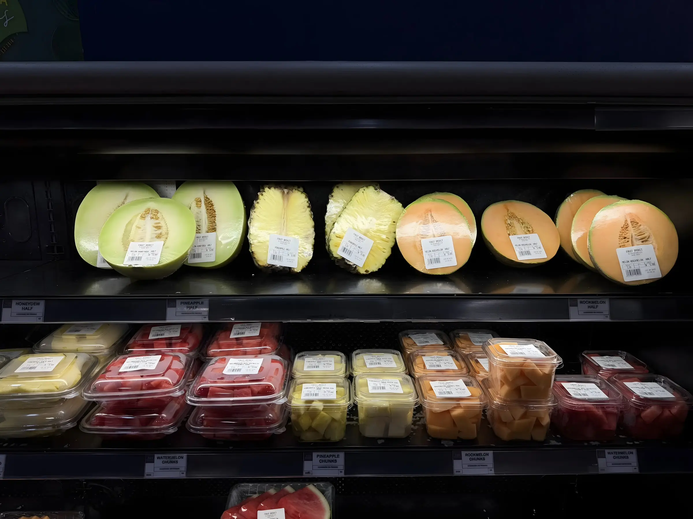 Honeydew, pineapple and rockmelon halves above packs of watermelon, pineapple and rockmelon chunks in the shop's cold case